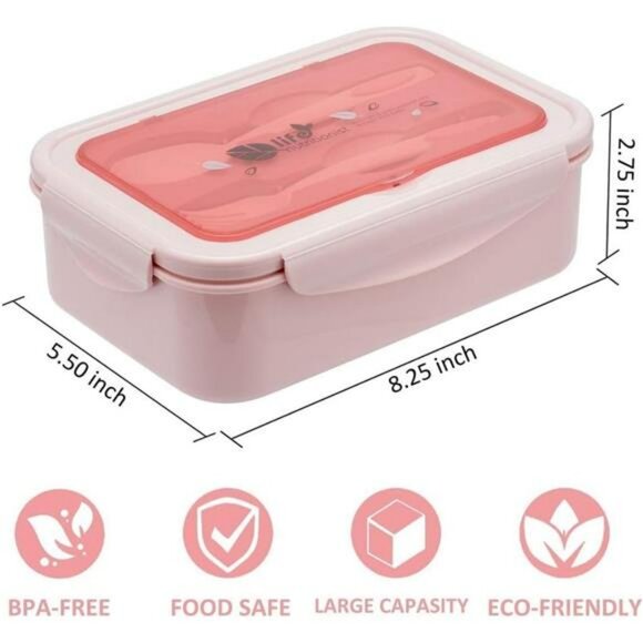 Bento Lunch Box 3 Compartment Meal Prep Container with Fork Spoon BPA Free - Picture 2 of 7